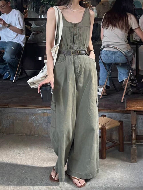 Wide Neck Sleeveless Belted Loose-wear Jumpsuit